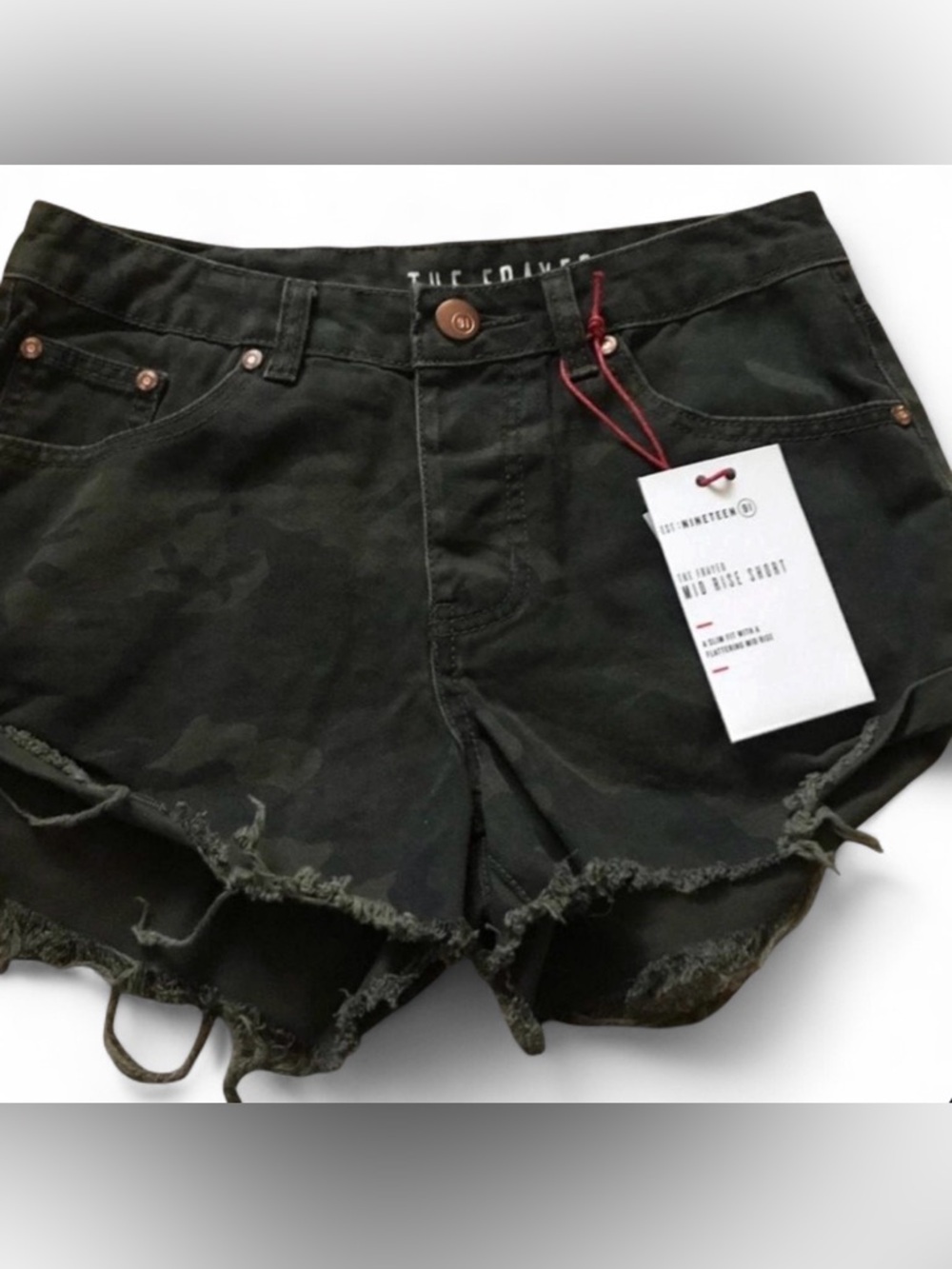 High-Rise Camo Frayed Hem Shorts - Black